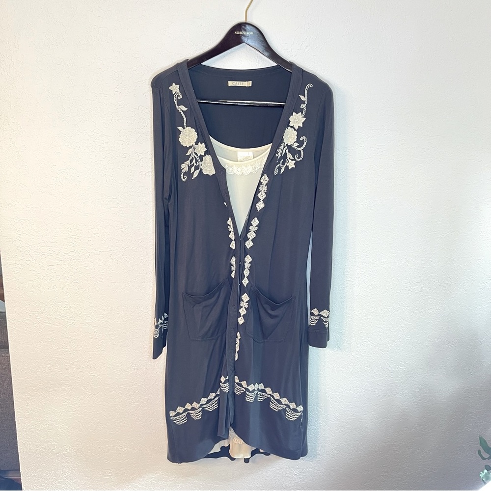 Caite -Duster Cardigan with Embroidery and Snaps, Size M